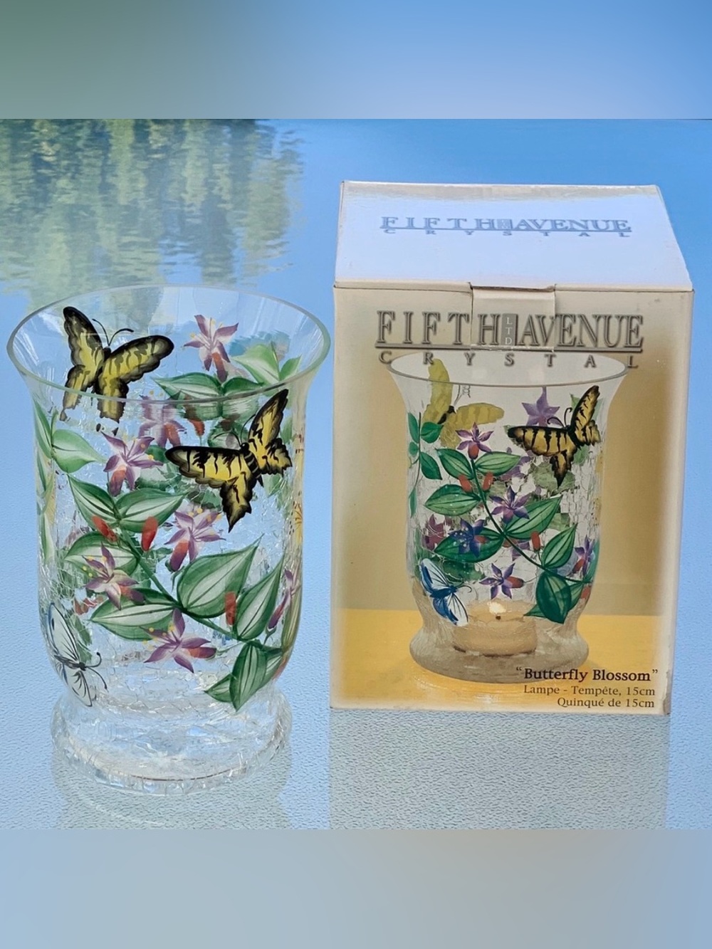 Fifth Avenue Crystal Butterfly Blossom Crackle Glass 6” Hurricane Candle Holder
